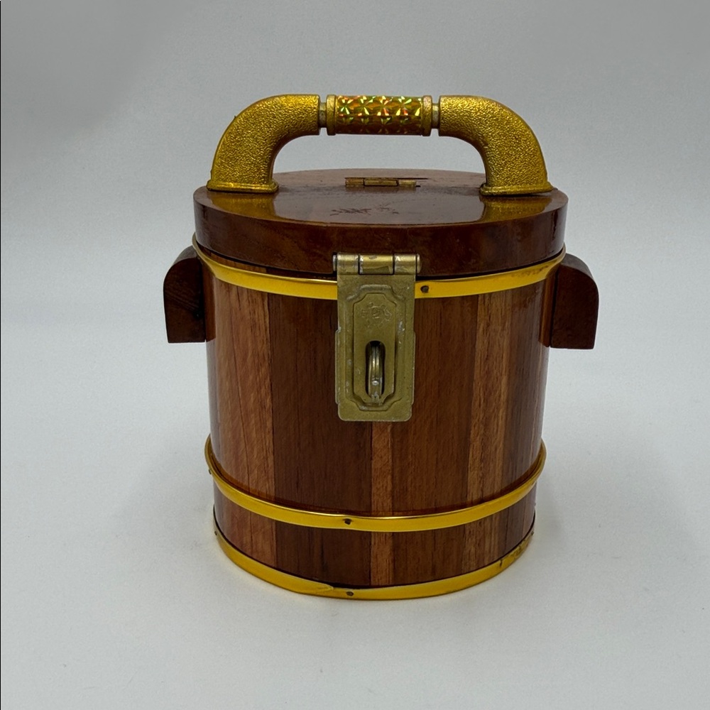 Coin money cash Bank Saving Box Collectible Round golden teak wood bucket